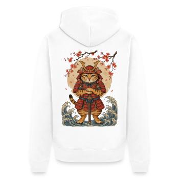 Samurai Katze mit Katana vor roter Sonne - Unisex Premium Bio Zip Hoodie - Weiß - Hinten - Thijin (182cm)