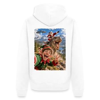Lustiges Elf Selfie mit Weihnachtsmann, T-Rex, UFO - Unisex Premium Bio Zip Hoodie - Weiß - Hinten - Thijin (182cm)