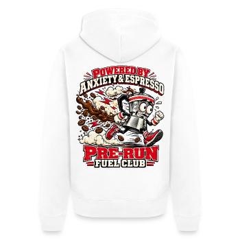 Powered by Anxiety & Espresso – Pre-Run Fuel Club - Unisex Premium Bio Zip Hoodie - Weiß - Hinten - Thijin (182cm)