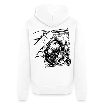 Suchtbox – Taschenhandschuhe, Bänder und Seilring - Unisex Premium Bio Zip Hoodie - Weiß - Hinten - Thijin (182cm)