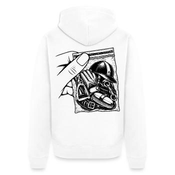 Pferdesucht – Reitbeutel-Steigbügelbombe - Unisex Premium Bio Zip Hoodie - Weiß - Hinten - Thijin (182cm)