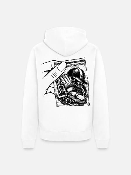Pferdesucht – Reitbeutel-Steigbügelbombe - Unisex Premium Bio Zip Hoodie - Weiß