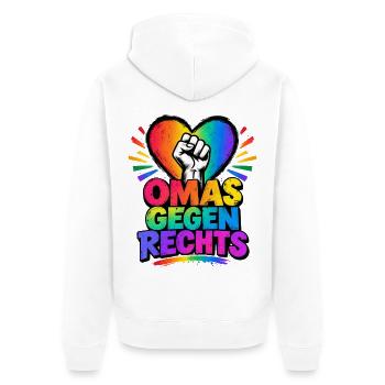 OMAS GEGEN RECHTS – Regenbogen Herz - Unisex Premium Bio Zip Hoodie - Weiß - Hinten - Thijin (182cm)