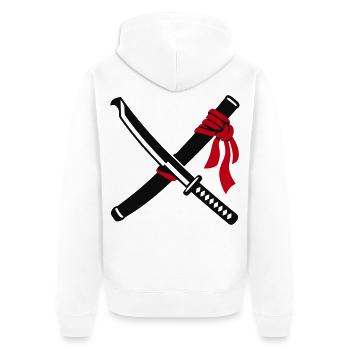 Gekreuzte Katana Schwerter Logo - Unisex Premium Bio Zip Hoodie - Weiß - Hinten - Thijin (182cm)