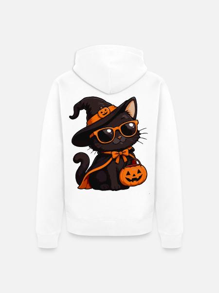 Halloween-Katze mit Kürbiskorb - Unisex Premium Bio Zip Hoodie - Weiß