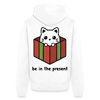Sei in der Gegenwart, Katze - Unisex Premium Bio Zip Hoodie - Weiß - Hinten - Thijin (182cm)