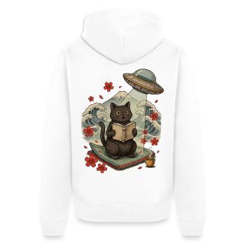 Katze liest Buch unter einem UFO - Unisex Premium Bio Zip Hoodie - Weiß - Hinten - Thijin (182cm)