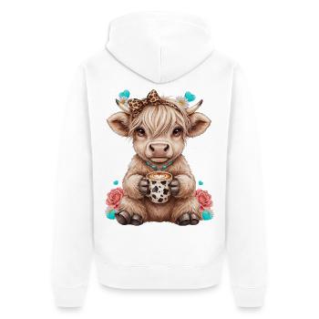 Hochlandrind Kalb mit Schleife und Kaffee - Unisex Premium Bio Zip Hoodie - Weiß - Hinten - Thijin (182cm)