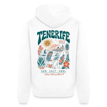 Tenerife Inselreise Surf 2027 - Unisex Premium Bio Zip Hoodie - Weiß - Hinten - Thijin (182cm)