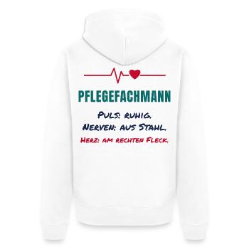 Pflegefachmann – Puls ruhig, Nerven aus Stahl - Unisex Premium Bio Zip Hoodie - Weiß - Hinten - Thijin (182cm)