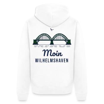Moin Wilhelmshaven – Brücke Hafen Nordsee Motiv - Unisex Premium Bio Zip Hoodie - Weiß - Hinten - Thijin (182cm)