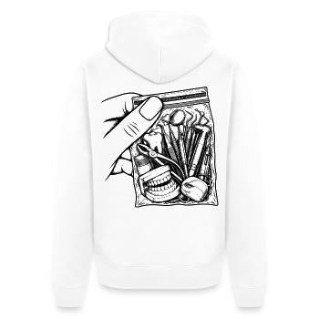 Zahnarzt für Sucht – Pouch Dent Zahnwerkzeuge - Unisex Premium Bio Zip Hoodie - Weiß - Hinten - Thijin (182cm)