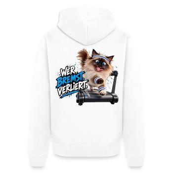 Wer bremst, verliert! – Verrückter Fitness-Kater - Unisex Premium Bio Zip Hoodie - Weiß - Hinten - Thijin (182cm)