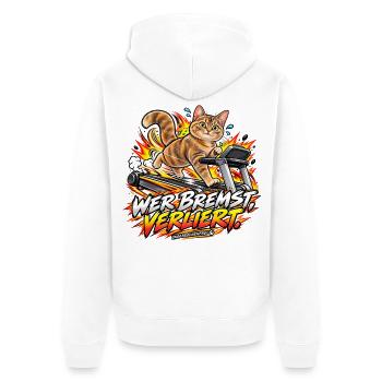 Wer bremst, verliert! – Lustige Fitnesskatze - Unisex Premium Bio Zip Hoodie - Weiß - Hinten - Thijin (182cm)