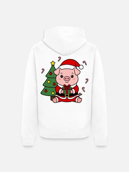 Niedliche Kawaii Pig Santa Weihnachtsbaum-Geschenkbaumkunst - Unisex Premium Bio Zip Hoodie - Weiß