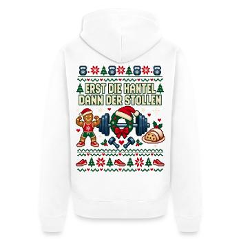 Erst die Hantel dann der Stollen - Unisex Premium Bio Zip Hoodie - Weiß - Hinten - Thijin (182cm)