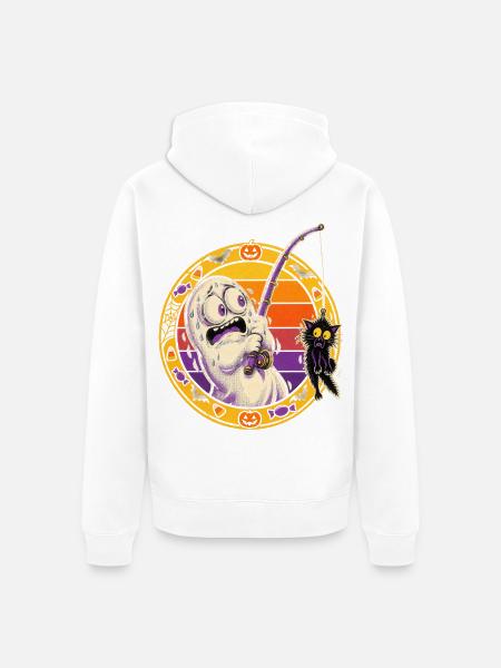 Halloween-Geist angelt fauchende Minikatze - Unisex Premium Bio Zip Hoodie - Weiß