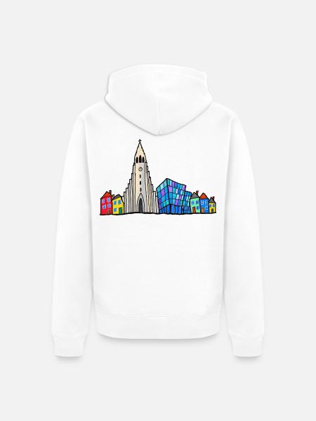 Reykjavik Skyline – Bunte Kinderzeichnung - Unisex Premium Bio Zip Hoodie - Weiß