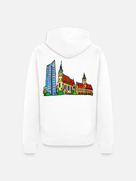 Bunte Leipziger Skyline im Kinderstil - Unisex Premium Bio Zip Hoodie - Weiß
