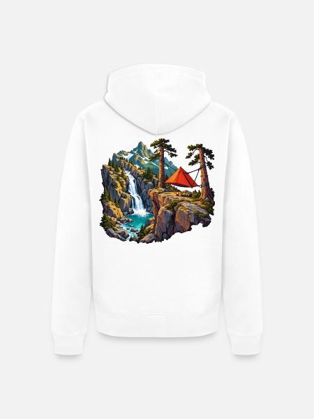Felskessel-Camp mit Hängezelt und Wasserfall - Unisex Premium Bio Zip Hoodie - Weiß