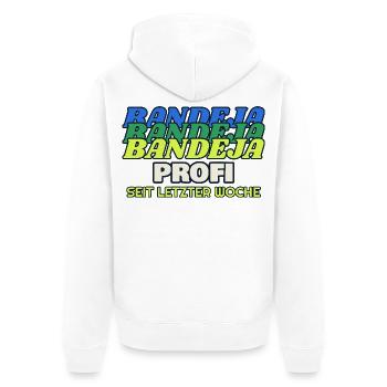 Bandeja Profi seit letzter Woche - Padel - Unisex Premium Bio Zip Hoodie - Weiß - Hinten - Thijin (182cm)