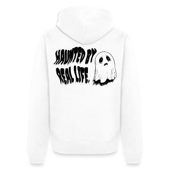 Haunted by Real Life | Sad Ghost Design - Unisex Premium Bio Zip Hoodie - Weiß - Hinten - Thijin (182cm)