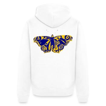 Blaugelber Schmetterling – Symbol der Leichtigkeit - Unisex Premium Bio Zip Hoodie - Weiß - Hinten - Thijin (182cm)