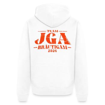 JGA Team Bräutigam 2026 Junggesellenabschied - Unisex Premium Bio Zip Hoodie - Weiß - Hinten - Thijin (182cm)
