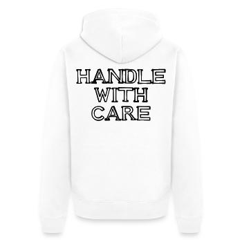 HANDLE WITH CARE Schriftzug handgezeichnet - Unisex Premium Bio Zip Hoodie - Weiß - Hinten - Thijin (182cm)