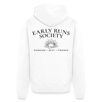 Early Runs Gesellschaft – Morgenlaufclub - Unisex Premium Bio Zip Hoodie - Weiß - Hinten - Thijin (182cm)