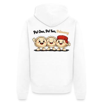 Pel One, Pel Two, Pelmany – Pelmeni Freunde - Unisex Premium Bio Zip Hoodie - Weiß - Hinten - Thijin (182cm)