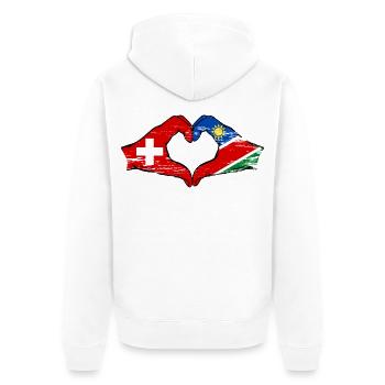 Schweiz Namibia Flagge Hände Herzform used - Unisex Premium Bio Zip Hoodie - Weiß - Hinten - Thijin (182cm)