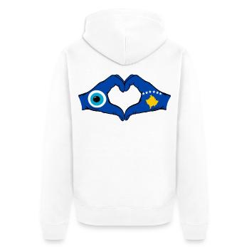 Mains du drapeau du Kosovo Nazar en forme de cœur utilisées - Veste à capuche bio Premium Unisexe - blanc - Dos - Thijin (182cm)