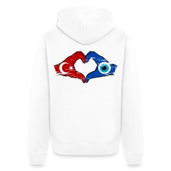 Nazar de Dinde Flagge_Hände forme de cœur utilisée - Veste à capuche bio Premium Unisexe - blanc - Dos - Thijin (182cm)