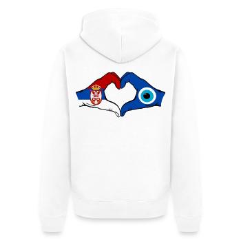 Drapeau du Nazar de Serbie Mains en forme de cœur - Veste à capuche bio Premium Unisexe - blanc - Dos - Thijin (182cm)