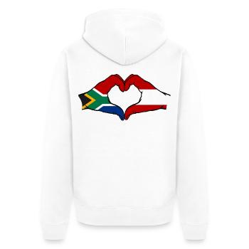 Afrique du Sud Autriche Drapeau Mains Coeur Forme - Veste à capuche bio Premium Unisexe - blanc - Dos - Thijin (182cm)