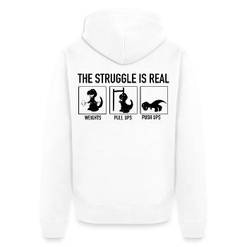 T-Rex Gym Struggle - Funny Dinosaur Weightlifting - Unisex Premium Organic Zip Hoodie - white - Back - Thijin (182cm)