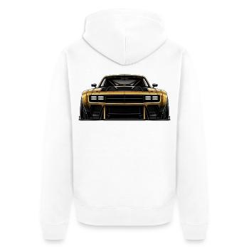 PROJECT No.001 – Master Hero | Premium Automotive  - Unisex Premium Bio Zip Hoodie - Weiß - Hinten - Thijin (182cm)