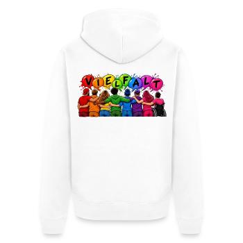 Vielfalt verbindet – Gemeinsam sind wir bunt - Unisex Premium Bio Zip Hoodie - Weiß - Hinten - Thijin (182cm)
