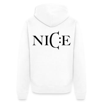 Nice – Minimal Smiley Greeting - Unisex Premium Bio Zip Hoodie - Weiß - Hinten - Thijin (182cm)