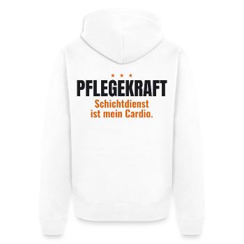Pflegekraft Shirt – Schichtdienst ist mein Cardio - Unisex Premium Bio Zip Hoodie - Weiß - Hinten - Thijin (182cm)