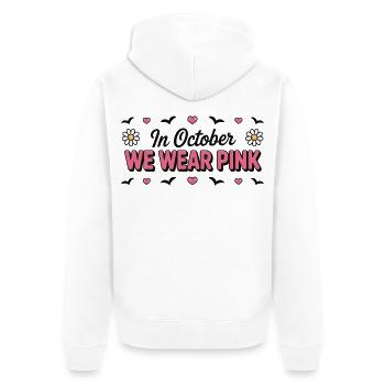 Im Oktober tragen wir Pink Pink Oktober 2026 - Unisex Premium Bio Zip Hoodie - Weiß - Hinten - Thijin (182cm)