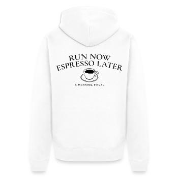 Lauf jetzt, Espresso später – Laufen & Kaffeeleben - Unisex Premium Bio Zip Hoodie - Weiß - Hinten - Thijin (182cm)