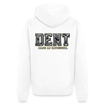 DENT – Hinterlass einen Eindruck | Metallisches Wortspiel - Unisex Premium Bio Zip Hoodie - Weiß - Hinten - Thijin (182cm)
