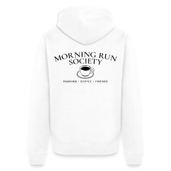 Morning Run Society – Lauf- und Kaffeeclub - Unisex Premium Bio Zip Hoodie - Weiß - Hinten - Thijin (182cm)