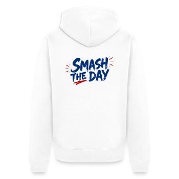 SMASH THE DAY Motivation für Padel und Tennis - Unisex Premium Bio Zip Hoodie - Weiß - Hinten - Thijin (182cm)