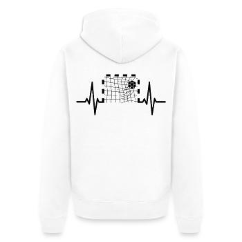 Handball Herzschlag Shirt – Tor im Puls - Unisex Premium Bio Zip Hoodie - Weiß - Hinten - Thijin (182cm)
