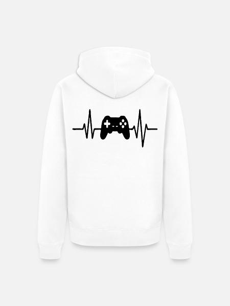 Heartbeat Gamer, Gamecontroller Strichzeichnung Design - Unisex Premium Bio Zip Hoodie - Weiß