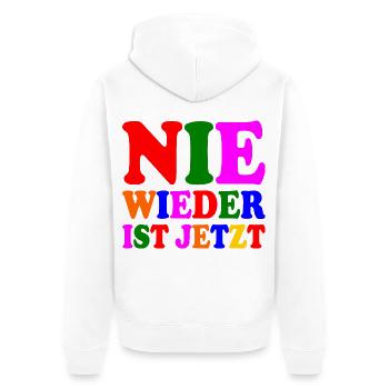 Nie wieder ist jetzt - Unisex Premium Bio Zip Hoodie - Weiß - Hinten - Thijin (182cm)