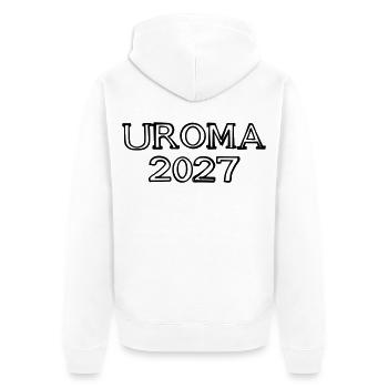 Uroma 2027 Schriftzug handgezeichnet - Unisex Premium Bio Zip Hoodie - Weiß - Hinten - Thijin (182cm)